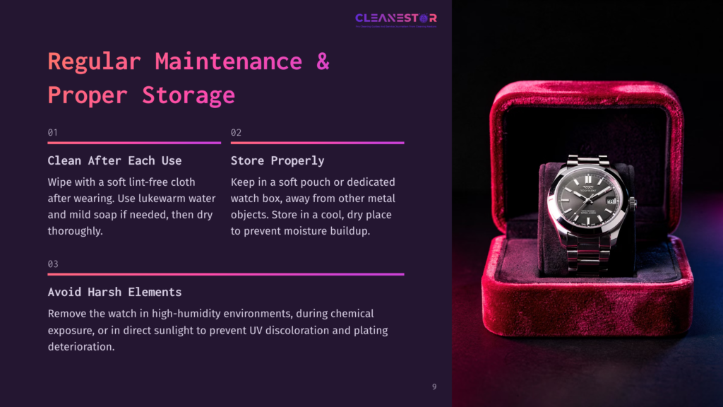 9 Regular Maintenance And Proper Storage A Luxurious Red Velvet Watch Box Holds A Gleaming Stainless Steel Automatic Watch, With Text Overlay Detailing Watch Care: &Quot;Regular Maintenance &Amp; Proper Storage,&Quot; &Quot;Clean After Each Use,&Quot; &Quot;Store Properly,&Quot; And &Quot;Avoid Harsh Elements.