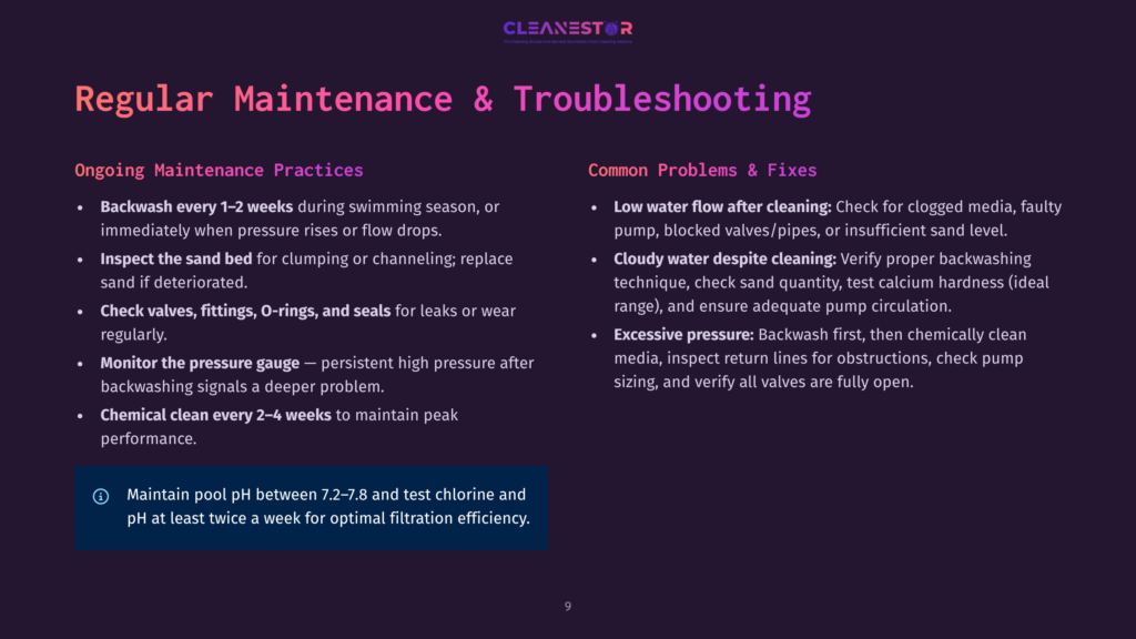 9 Regular Maintenance And Troubleshooting Cleanestor Regular Pool Maintenance And Troubleshooting Guide. Lists Ongoing Maintenance Practices Like Checking The Sand Bed And Chemical Cleaning, And Common Problems Like Cloudy Water And Excessive Pressure.