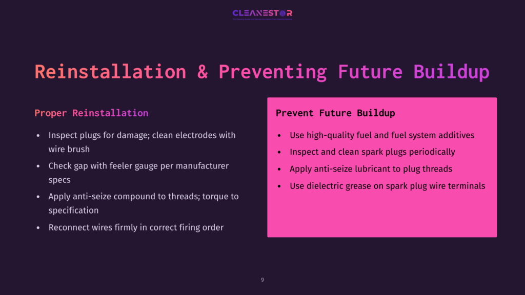 Presentation Slide Titled &Quot;Reinstallation &Amp; Preventing Future Buildup&Quot; With Bullet Points On Proper Spark Plug Reinstallation And Preventative Maintenance For Spark Plugs.