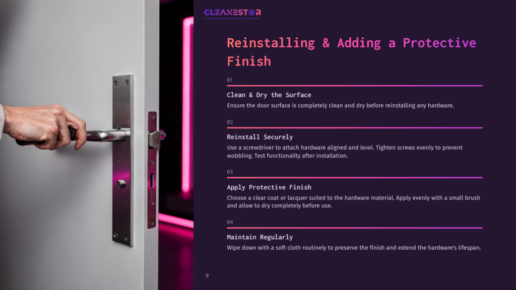 9 Reinstalling And Adding A Protective Finish Close-Up Of A Hand Reinstalling A Silver Door Handle On A White Door, With Bright Pink Light Illuminating The Background. Text On The Right Reads &Quot;Cleanestor Reinstalling &Amp; Adding A Protective Finish&Quot;.