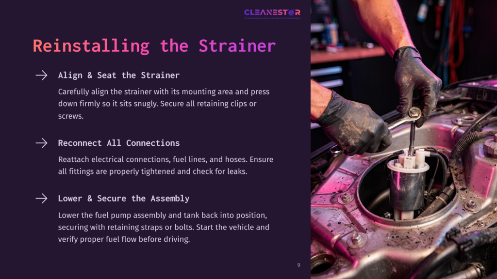 Close-Up Of A Mechanic'S Gloved Hands Reinstalling A Fuel Strainer Assembly Into A Car'S Fuel Tank. Instructions For Reinstalling The Strainer Are Visible On The Left.
