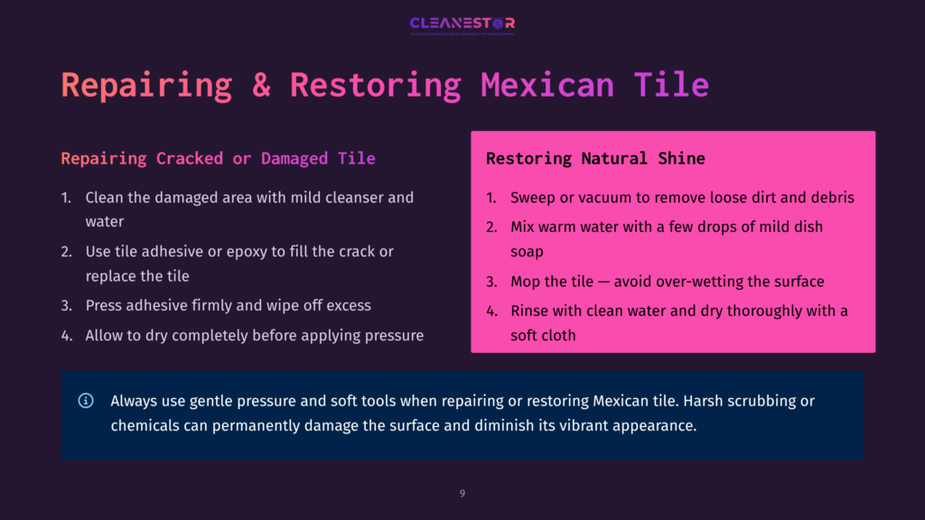 Repairing &Amp; Restoring Mexican Tile: Guide To Cleaning, Sealing, And Fixing Cracked Or Damaged Mexican Tiles With Step-By-Step Instructions.