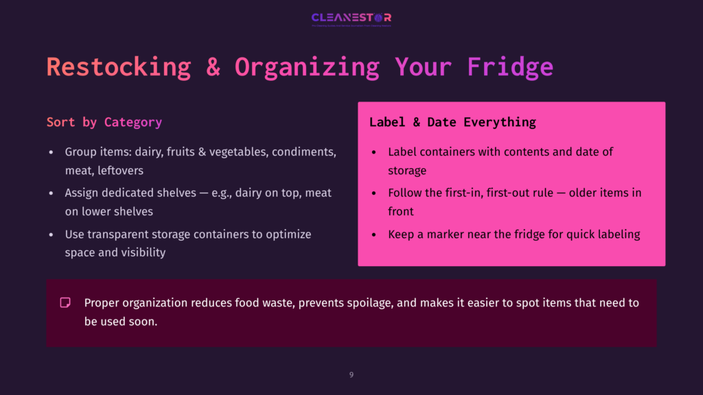Presentation Slide Titled &Quot;Restocking &Amp; Organizing Your Fridge&Quot; With Tips On Grouping Items, Assigning Shelves, And Labeling Containers. Includes The Cleanestor Logo.