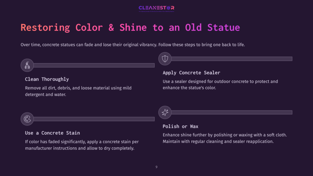 9 Restoring Color And Shine To An Old Statue Restoring Color &Amp; Shine To An Old Statue: Steps Include Cleaning, Applying Concrete Sealer, And Polishing Or Waxing For A Revived Look.