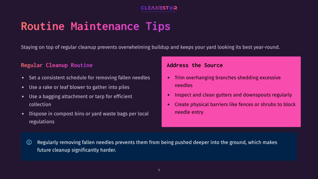 Cleanestor Logo With Text &Quot;Routine Maintenance Tips&Quot; And Bullet Points For Regular Cleanup And Addressing The Source Of Yard Debris.