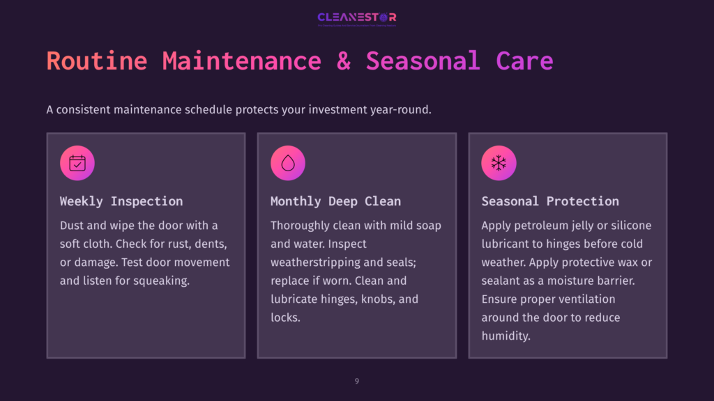 Three Columns Detailing Routine Maintenance For Doors: Weekly Inspection, Monthly Deep Clean, And Seasonal Protection. The Text Outlines Tasks Like Dusting, Rust Checks, Weatherstripping, And Lubrication.
