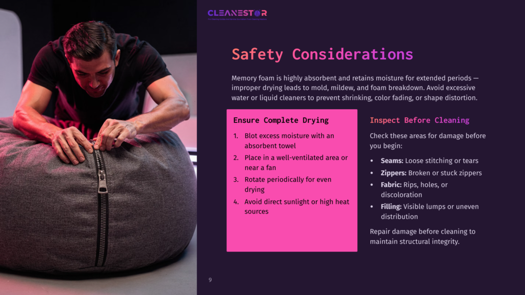Man Zipping Up A Large Grey Beanbag Chair, With &Quot;Cleanestor&Quot; Logo And Safety Cleaning Tips Visible On A Purple Background.