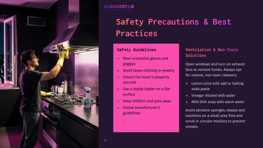 A Person Wearing Yellow Gloves Cleans A Kitchen Stove With A Yellow Sponge, Illuminated By Overhead Lights And A Bright Window. Safety Precautions Are Listed On A Pink Slide.