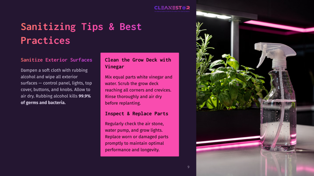 Close-Up Of A Clear Spray Bottle Filled With Water And Vinegar Solution Next To A Lush Green Grow Deck With Basil And Rosemary Plants, Illuminated By Pink Led Grow Lights. Text Overlay Reads &Quot;Cleanestor&Quot; And &Quot;Sanitizing Tips &Amp; Best Practices.