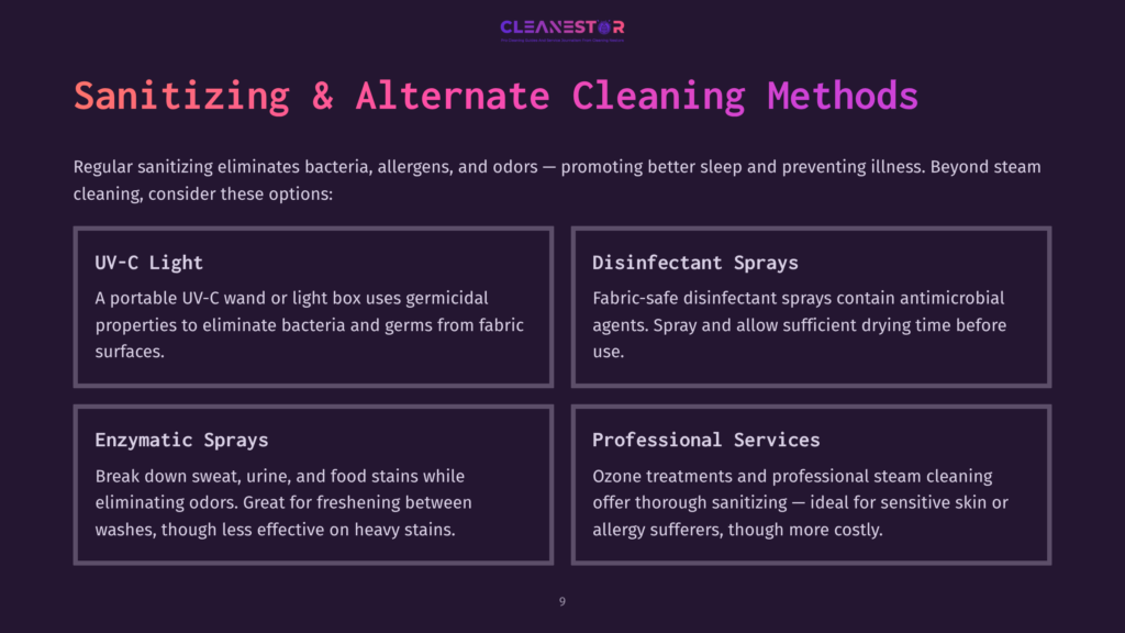 Infographic Titled &Quot;Sanitizing &Amp; Alternate Cleaning Methods&Quot; Detailing Uv-C Light, Disinfectant Sprays, Enzymatic Sprays, And Professional Services.