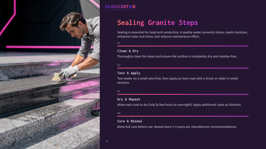 Man Carefully Applies Sealant To Granite Steps With A Brush, Enhancing Their Shine And Protection. Text Overlay Details Sealing Steps: Clean &Amp; Dry, Test &Amp; Apply, Dry &Amp; Repeat, Cure &Amp; Reseal.