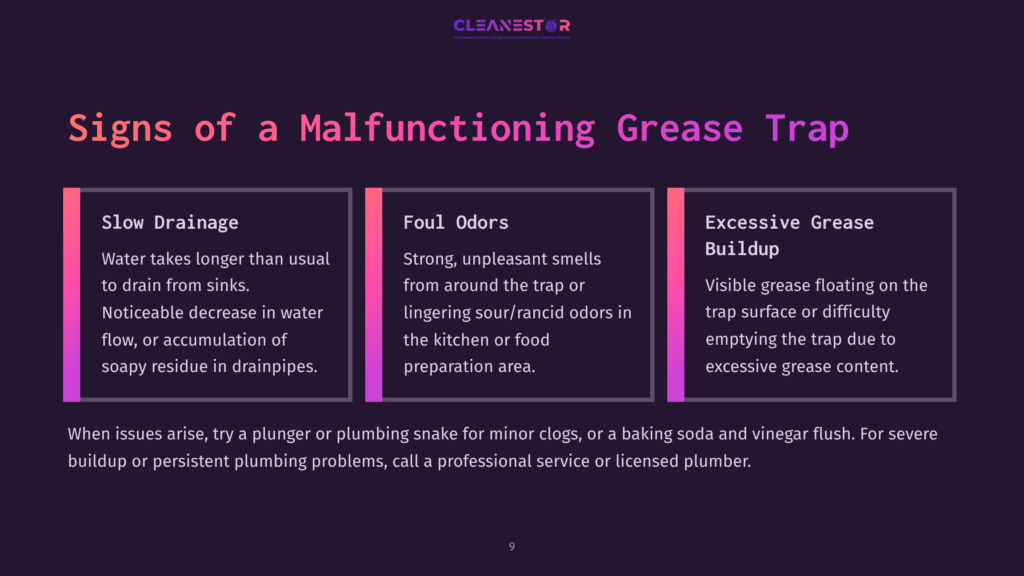Infographic Detailing Signs Of A Malfunctioning Grease Trap: Slow Drainage, Foul Odors, And Excessive Grease Buildup. Text Includes &Quot;Signs Of A Malfunctioning Grease Trap,&Quot; &Quot;Slow Drainage,&Quot; &Quot;Foul Odors,&Quot; And &Quot;Excessive Grease Buildup.