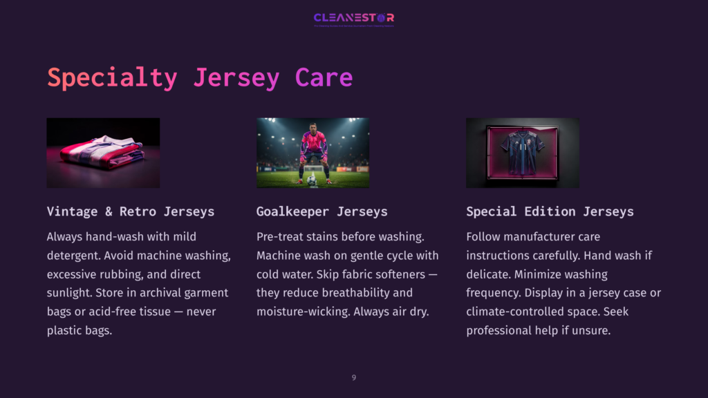 Three Types Of Specialty Jerseys Are Displayed: Vintage And Retro, Goalkeeper, And Special Edition. The Image Also Features The Cleanestor Logo And Text About Jersey Care.