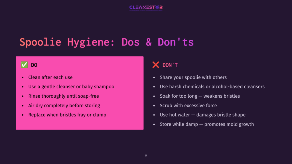 Spoolie Hygiene: Dos And Don'Ts List From Cleanestor, Detailing Proper Cleaning, Gentle Cleanser Use, And Replacement, Versus Harsh Chemicals, Soaking, And Hot Water.