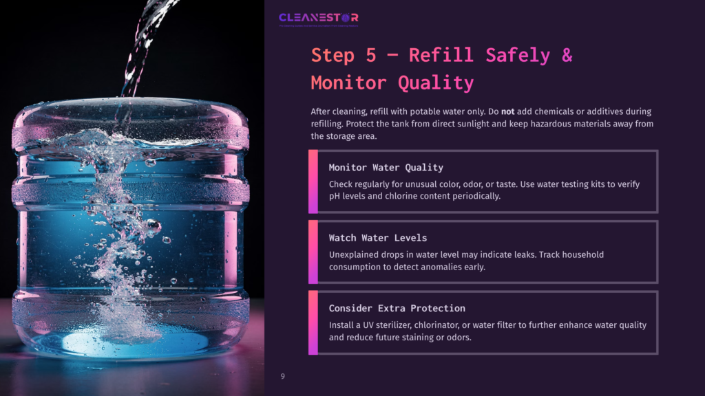 Step 5: Refill Safely &Amp; Monitor Quality. Water Pours Into A Large, Clear Plastic Water Jug, Creating Ripples And Bubbles. The Text Explains How To Safely Refill And Monitor Water Quality.