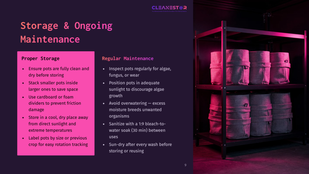 A Dark Room With Shelves Holding Fabric Grow Bags. Text On The Left Side Discusses &Quot;Proper Storage&Quot; And &Quot;Ongoing Maintenance&Quot; For Plants.