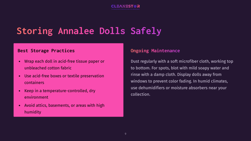 Slide Titled &Quot;Storing Annalee Dolls Safely&Quot; With Tips For Safe Storage And Ongoing Maintenance, Including Wrapping Dolls In Acid-Free Tissue And Using Acid-Free Boxes.