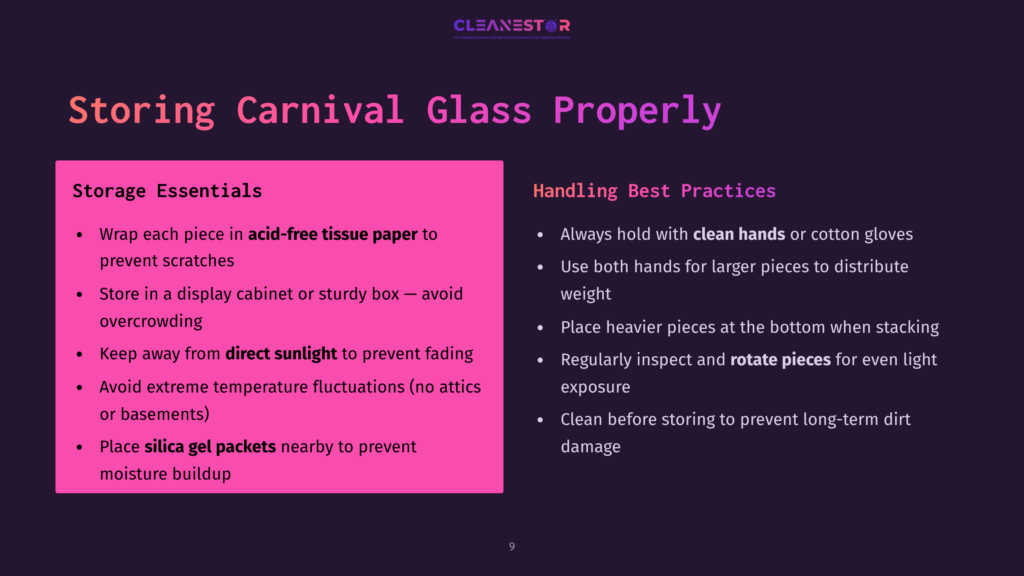 Presentation Slide Titled &Quot;Storing Carnival Glass Properly&Quot; With Tips On Handling And Storage, Including Using Acid-Free Tissue Paper And Clean Hands.