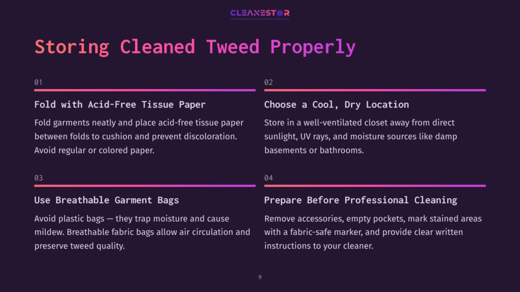 Cleanestor Logo And Text On A Dark Background, With A Graphic Overlay Dividing The Screen Into Four Sections Detailing How To Store Cleaned Tweed Properly: Fold With Acid-Free Tissue Paper, Choose A Cool Dry Location, Use Breathable Garment Bags, And Prepare Before Professional Cleaning.