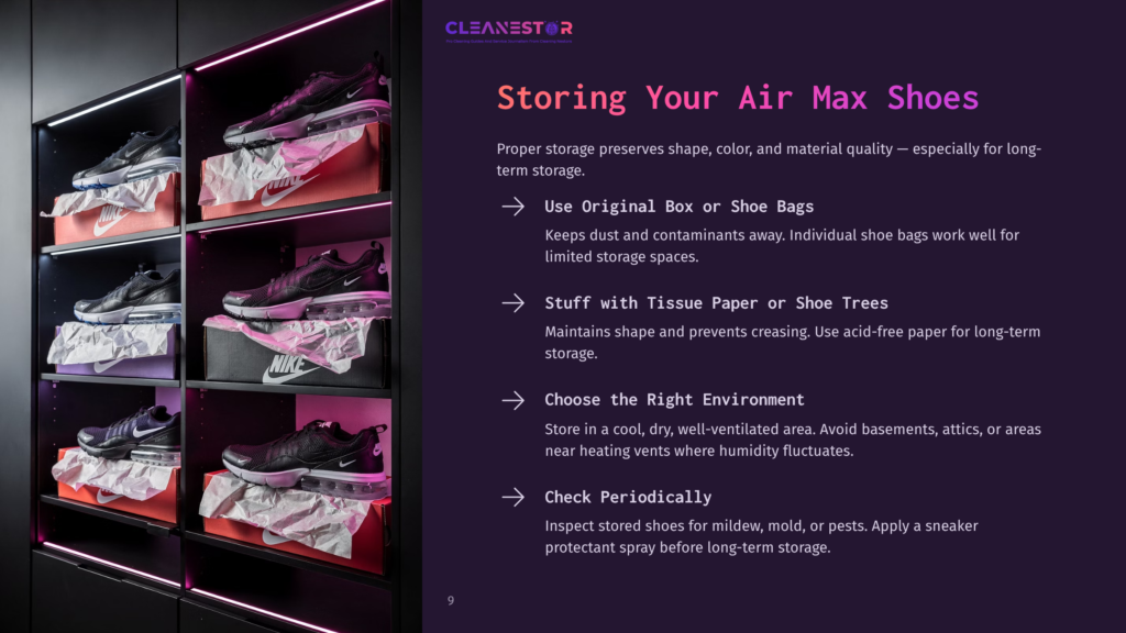 A Wall Of Shelves Displays Neatly Organized Nike Air Max Shoes In Their Original Boxes, Some With Tissue Paper. The Cleanestor Logo Is Visible At The Top, With Text About Storing Shoes.