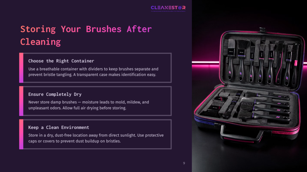 A Black Brush Case With Neon Pink And Blue Accents Lies Open, Showcasing A Set Of Various Cleaning Brushes With Black Handles And Distinct Bristles, Ready For Storage.