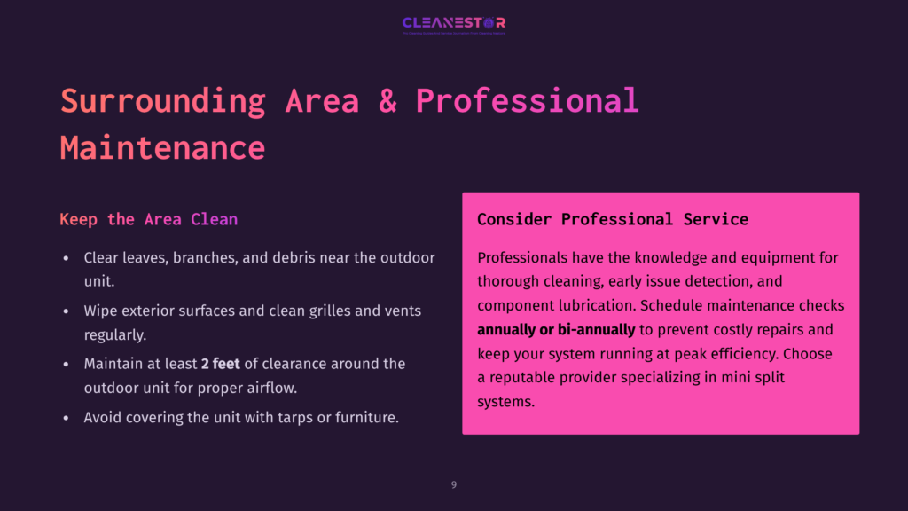 9 Surrounding Area And Professional Maintenance Cleanestor Logo At The Top Of A Dark Purple Slide. Text Reads: &Quot;Surrounding Area &Amp; Professional Maintenance.&Quot; Bullet Points List Maintenance Tips. Right Side Has A Pink Box With Text: &Quot;Consider Professional Service.