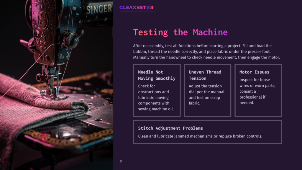 Close-Up Of A Vintage Singer Sewing Machine With A Needle Threaded With Pink And Purple Thread, Ready For Testing. Text Overlay Reads &Quot;Testing The Machine&Quot;.