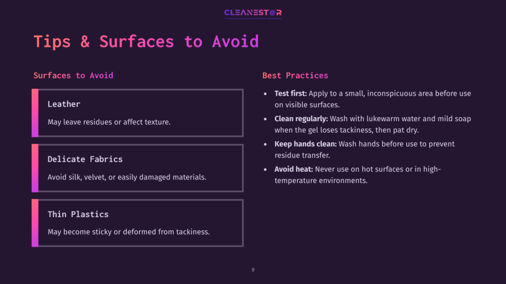 9 Tips And Surfaces To Avoid A Slide Titled &Quot;Tips &Amp; Surfaces To Avoid&Quot; From A Presentation, With Sections For &Quot;Surfaces To Avoid&Quot; (Leather, Delicate Fabrics, Thin Plastics) And &Quot;Best Practices&Quot; (Test First, Clean Regularly, Keep Hands Clean, Avoid Heat).