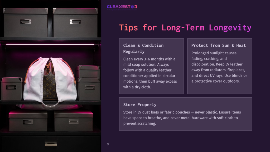 Cleanestor Logo And Text: &Quot;Tips For Long-Term Longevity&Quot; With Advice On Cleaning And Protecting Luxury Leather Goods From Sunlight And Dust.