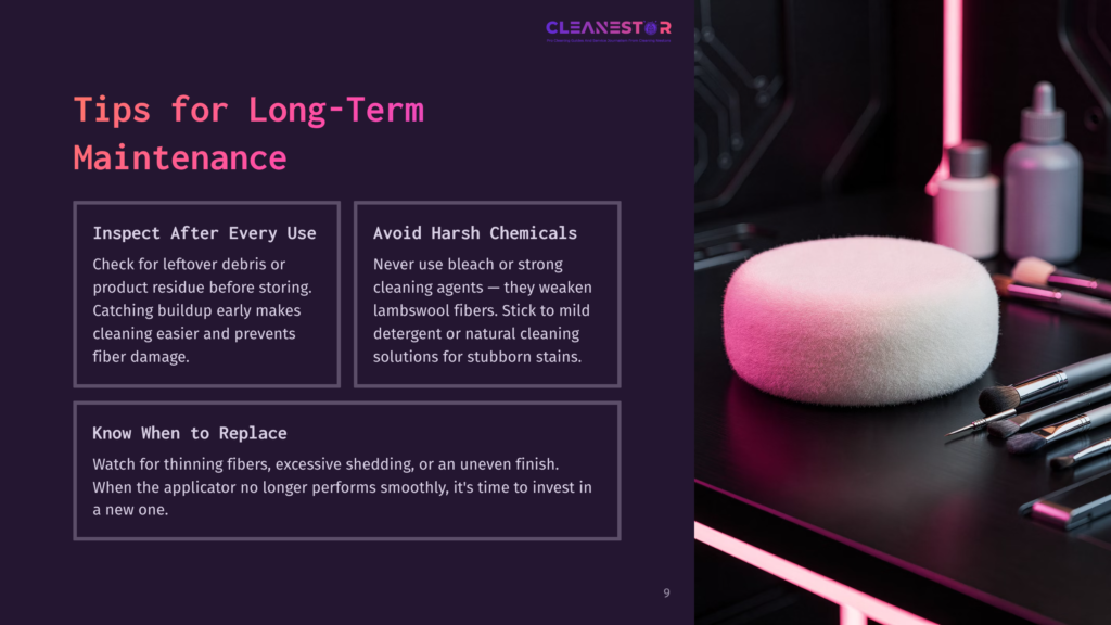 Close-Up Of A Fluffy, White Makeup Applicator Sponge With A Pink Glow, Surrounded By Makeup Brushes And Bottles On A Dark, Reflective Surface. Text Overlays Read &Quot;Cleanestor&Quot; And &Quot;Tips For Long-Term Maintenance&Quot;.