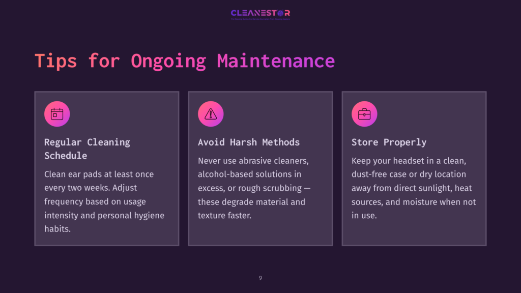 Three Cards With Icons And Text: &Quot;Regular Cleaning Schedule,&Quot; &Quot;Avoid Harsh Methods,&Quot; And &Quot;Store Properly,&Quot; Offering Tips For Ongoing Maintenance.