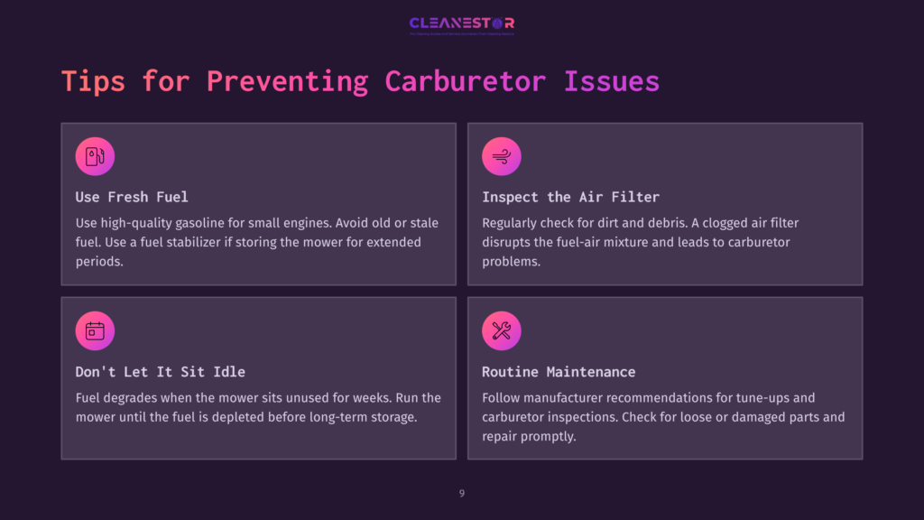 Infographic With Tips For Preventing Carburetor Issues: Use Fresh Fuel, Inspect The Air Filter, Don'T Let It Sit Idle, And Routine Maintenance. The Cleanestor Logo Is At The Top.