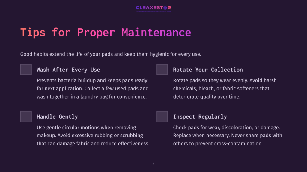 Cleanestor Logo With &Quot;Tips For Proper Maintenance&Quot; Title And Sections On &Quot;Wash After Every Use,&Quot; &Quot;Rotate Your Collection,&Quot; &Quot;Handle Gently,&Quot; And &Quot;Inspect Regularly.