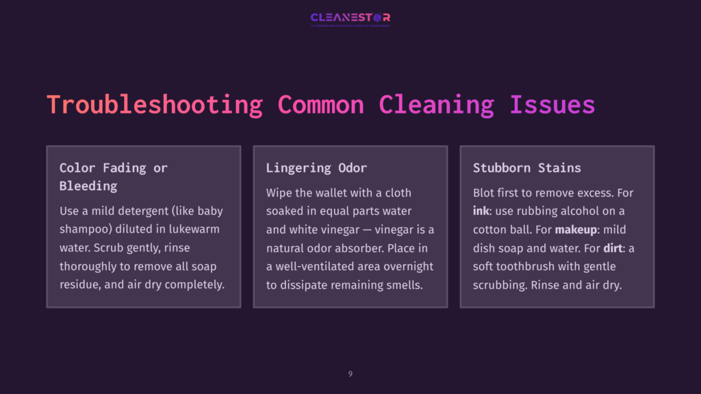 9 Troubleshooting Common Cleaning Issues Troubleshooting Common Cleaning Issues: Color Fading Or Bleeding, Lingering Odor, And Stubborn Stains. Solutions Include Mild Detergent, Vinegar, Rubbing Alcohol, And Dish Soap.