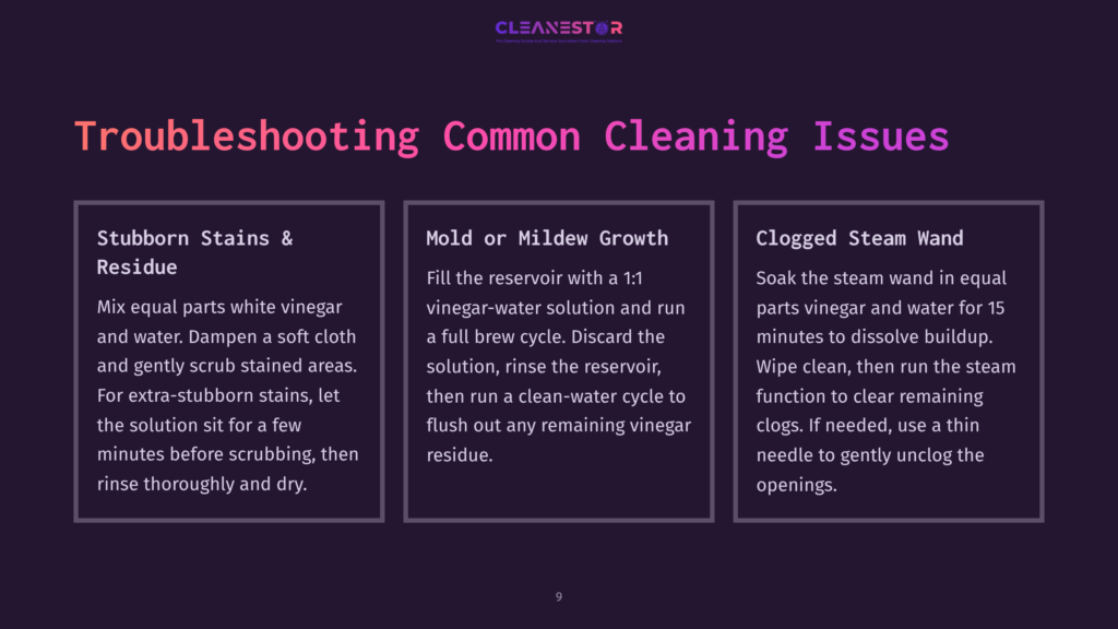 9 Troubleshooting Common Cleaning Issues 5 Troubleshooting Common Cleaning Issues: Stubborn Stains, Mold/Mildew Growth, And Clogged Steam Wand. Tips Include Vinegar Solutions And Soaking.
