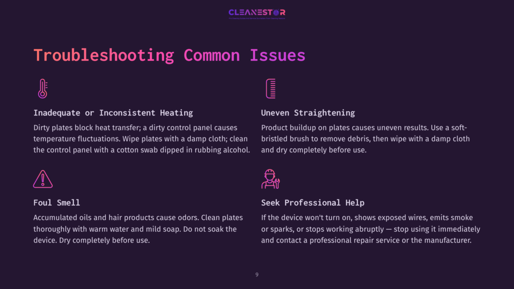 9 Troubleshooting Common Issues 1 Troubleshooting Common Issues For Hair Straighteners: Inadequate Heating, Uneven Straightening, Foul Smell, And Seeking Professional Help. Includes Icons For Each Issue.