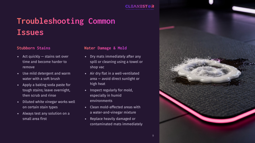 9 Troubleshooting Common Issues 13 Close-Up Of White Powder, Possibly Baking Soda, Spilled In A Circular Pattern On A Black Mat With A Bright Pink Neon Edge. The Mat Is Slightly Damp, Suggesting Water Damage.