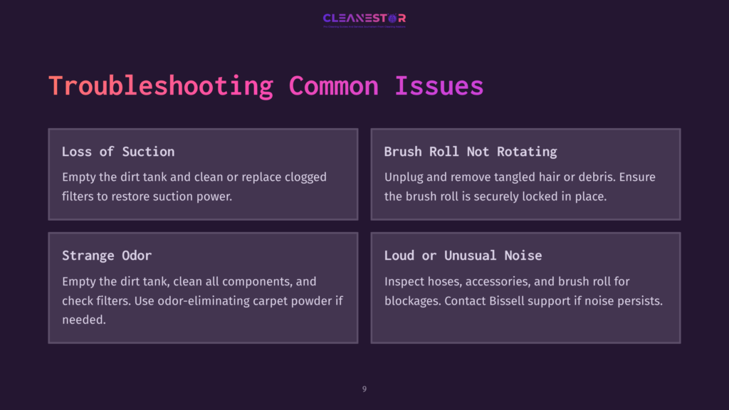 Troubleshooting Common Vacuum Cleaner Issues: Loss Of Suction, Brush Roll Not Rotating, Strange Odor, And Loud Or Unusual Noise. The Image Displays Four Troubleshooting Tips In Purple Boxes Against A Dark Background.