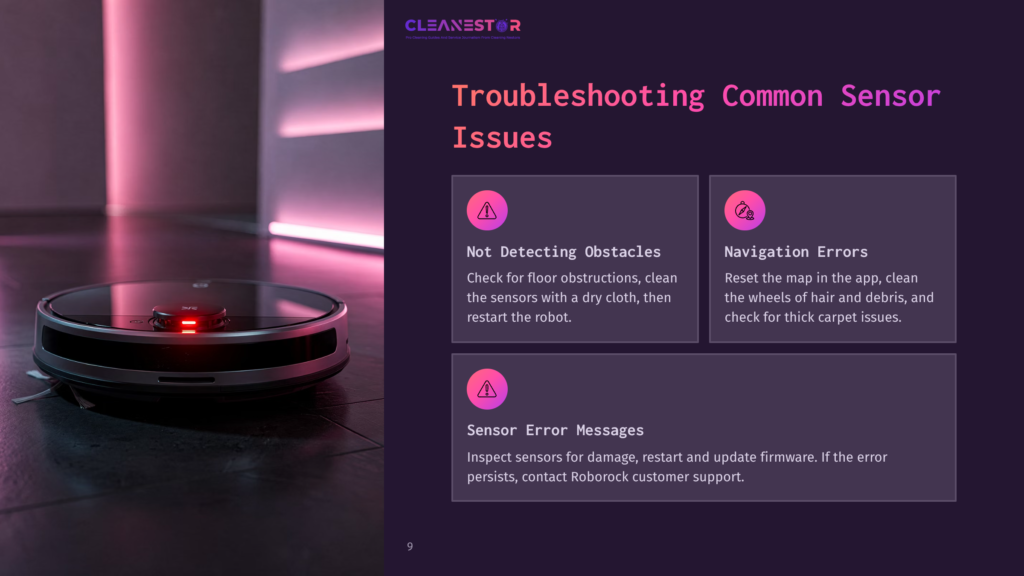 Cleanestor Troubleshooting Guide For Robot Vacuum Common Sensor Issues. Shows A Black Robot Vacuum On A Pink Lit Floor, With Text Boxes Detailing &Quot;Not Detecting Obstacles,&Quot; &Quot;Navigation Errors,&Quot; And &Quot;Sensor Error Messages.