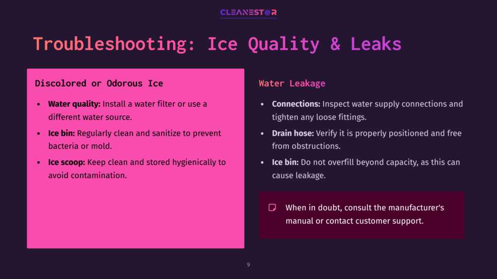 Troubleshooting Ice Machine Issues: Discolored Or Odorous Ice And Water Leakage. Includes Tips On Water Quality, Cleaning Ice Bins, And Checking Connections And Drain Hoses.