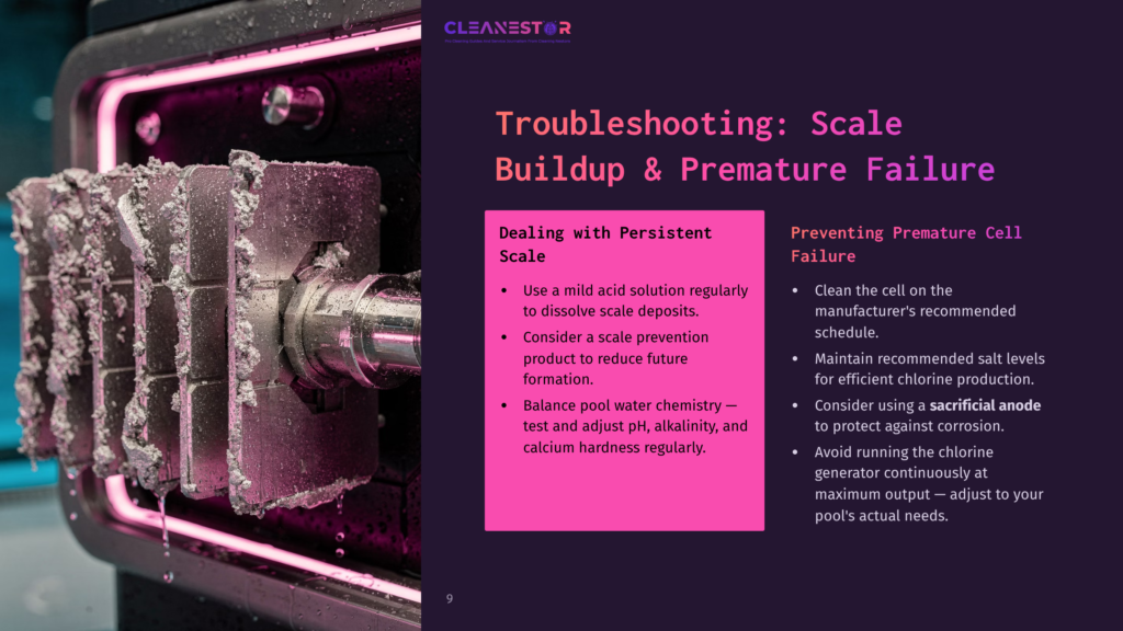 Close-Up Of A Metal Brush Covered In White Scale Deposits, With The Cleanestor Logo And Troubleshooting Text About Scale Buildup And Prevention Visible On A Dark Background.