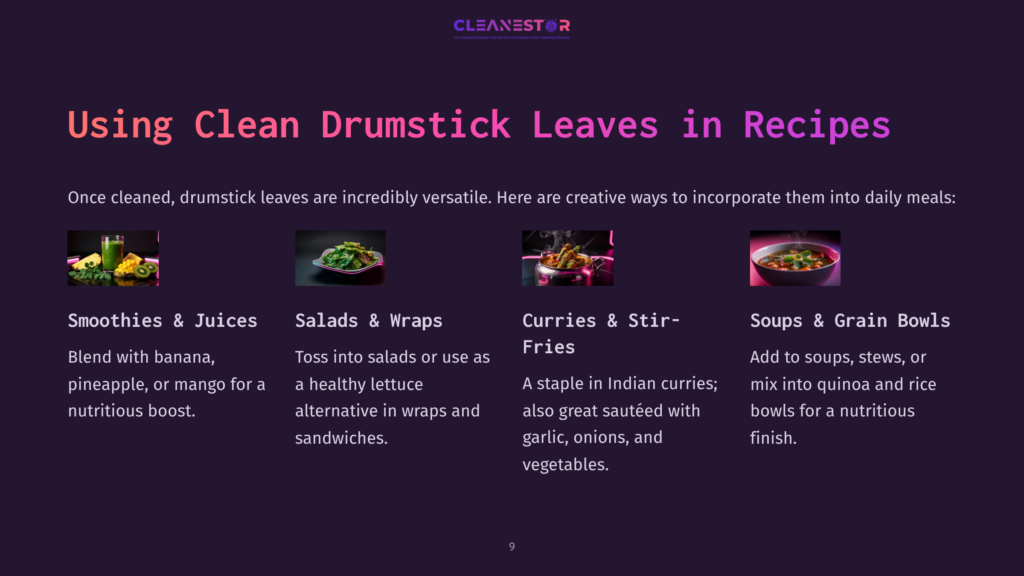 Four Vibrant Images Showcase Creative Ways To Use Clean Drumstick Leaves In Recipes: Smoothies, Salads, Stir-Fries, And Soups.