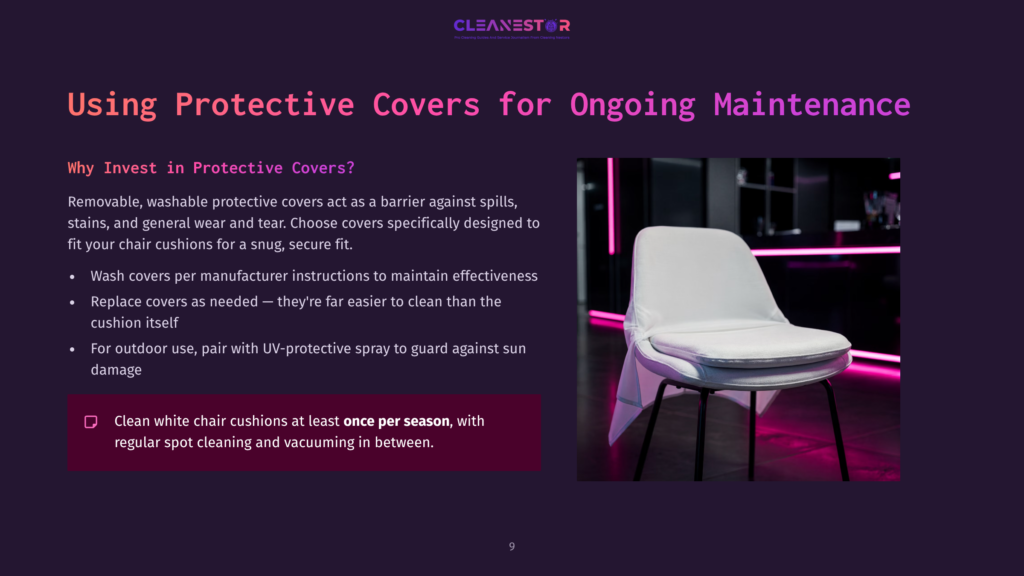 9 Using Protective Covers For Ongoing Maintenance A White Outdoor Chair With A Plush Cushion Sits On A Dark, Reflective Floor, Illuminated By Soft Lighting. The Chair Is Clean And Modern, Suggesting It'S Being Protected By A Cover.