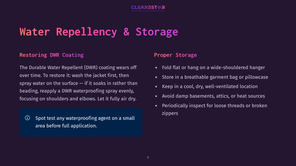 Cleanestor Logo At The Top. Text On A Dark Purple Background Discusses &Quot;Water Repellency &Amp; Storage&Quot; For Durable Water Repellent (Dwr) Coating, Including Instructions For Restoring And Proper Storage Tips Like Folding Flat And Keeping In A Cool, Dry Place.