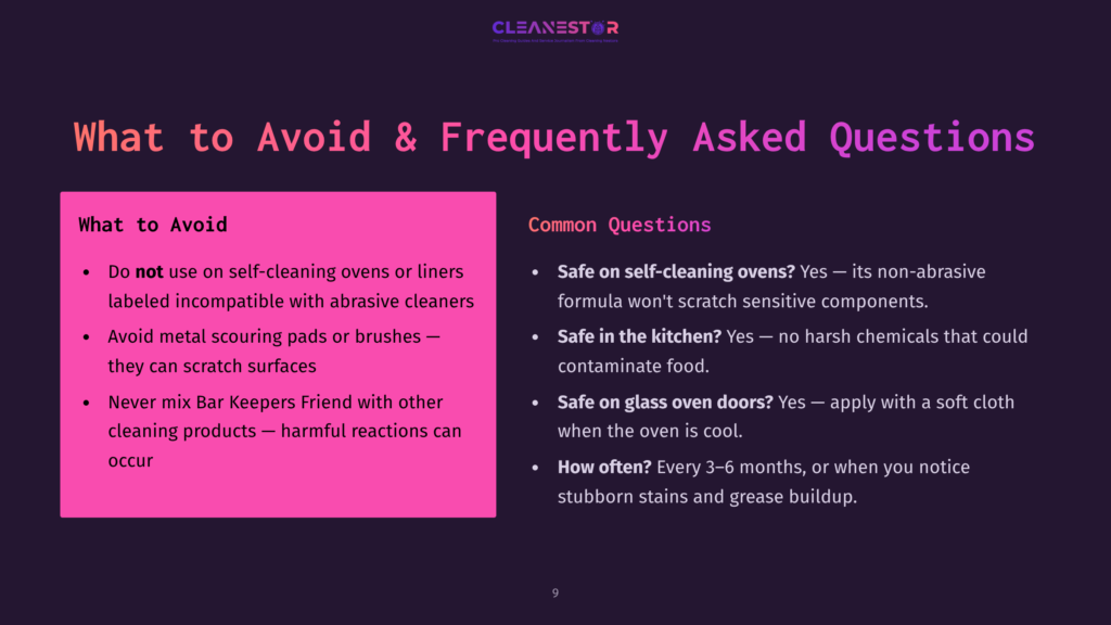 Presentation Slide Titled &Quot;What To Avoid &Amp; Frequently Asked Questions&Quot; With Text Listing Cleaning Tips For Self-Cleaning Ovens And Kitchens, And The Cleanestor Logo.
