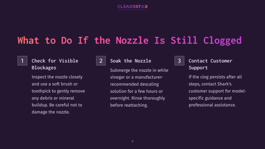 Infographic Titled &Quot;What To Do If The Nozzle Is Still Clogged,&Quot; Outlining Three Steps: Check For Visible Blockages, Soak The Nozzle In Vinegar, And Contact Customer Support.