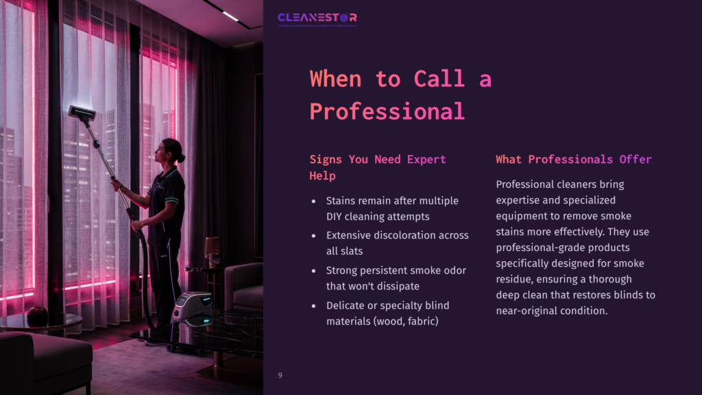 A Professional Cleaner Uses A Specialized Vacuum To Clean Blinds In A Room With Pink Neon Lighting. The Text &Quot;Cleanestor&Quot; Is Visible.