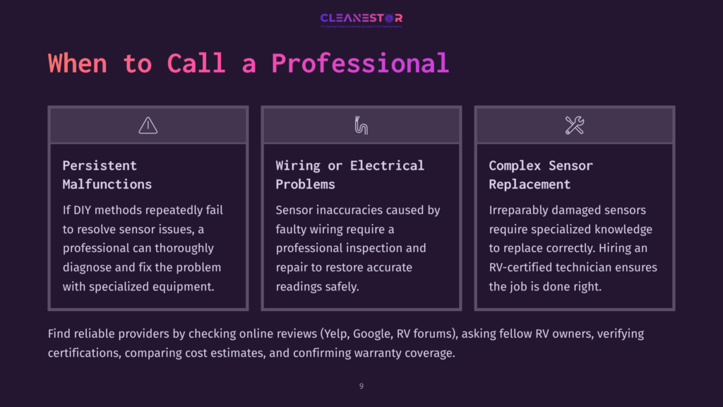 When To Call A Professional: Three Panels Detailing Persistent Malfunctions, Wiring Or Electrical Problems, And Complex Sensor Replacement, With Advice On Finding Reliable Providers.