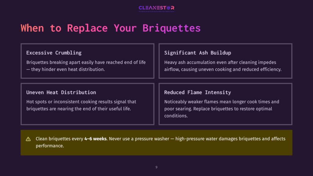 Infographic Titled &Quot;When To Replace Your Briquettes&Quot; Detailing Issues Like Excessive Crumbling, Significant Ash Buildup, Uneven Heat Distribution, And Reduced Flame Intensity, With A Warning About Not Using A Pressure Washer.