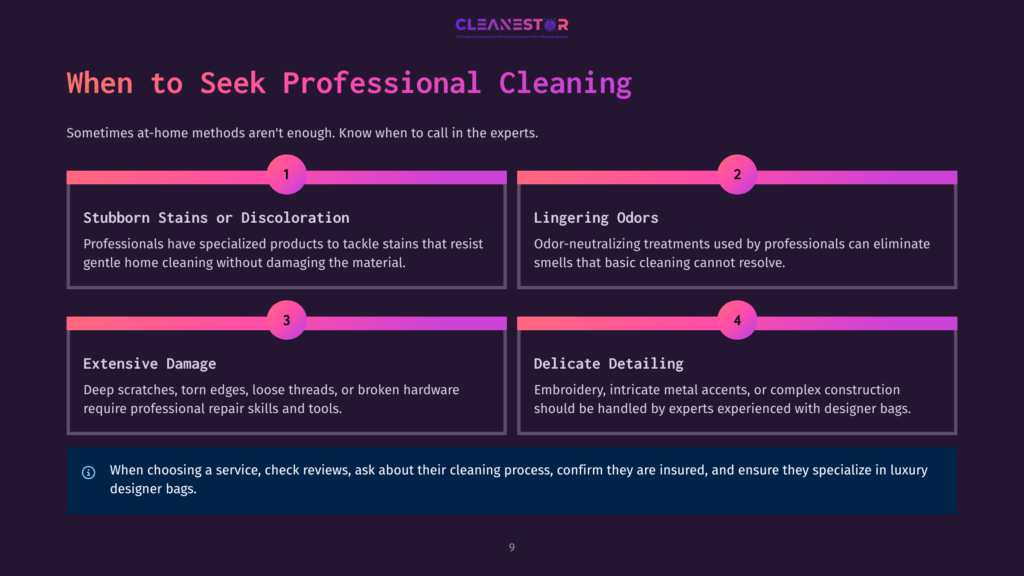 9 When To Seek Professional Cleaning 1 Infographic Titled &Quot;When To Seek Professional Cleaning&Quot; By Cleanestor, Detailing Four Scenarios: Stubborn Stains Or Discoloration, Lingering Odors, Extensive Damage, And Delicate Detailing, With A Note About Verifying Insurance And Expertise.